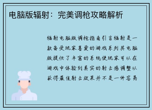 电脑版辐射：完美调枪攻略解析